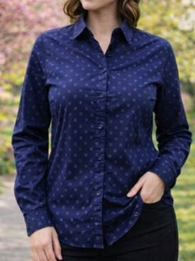 Women’s Navy Blue Button Down Blouse Size XL 18 Stretch Office Work Top